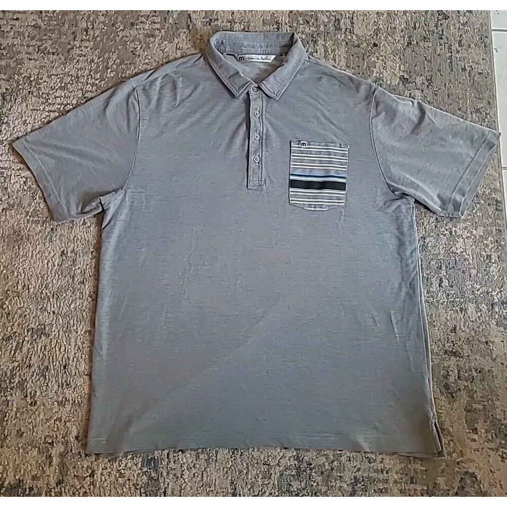 Travis Mathew Polo Golf Shirt Mens XL Gray & White Striped Pocketted